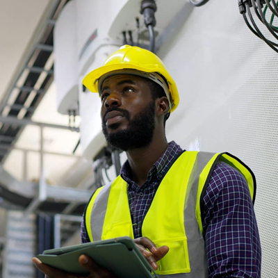 African American man in yellow hard hat and vest in facility.