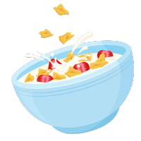 Graphic of cereal faling into a blue bowl with milk.
