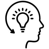 Black outline of human profile with light bulb. 