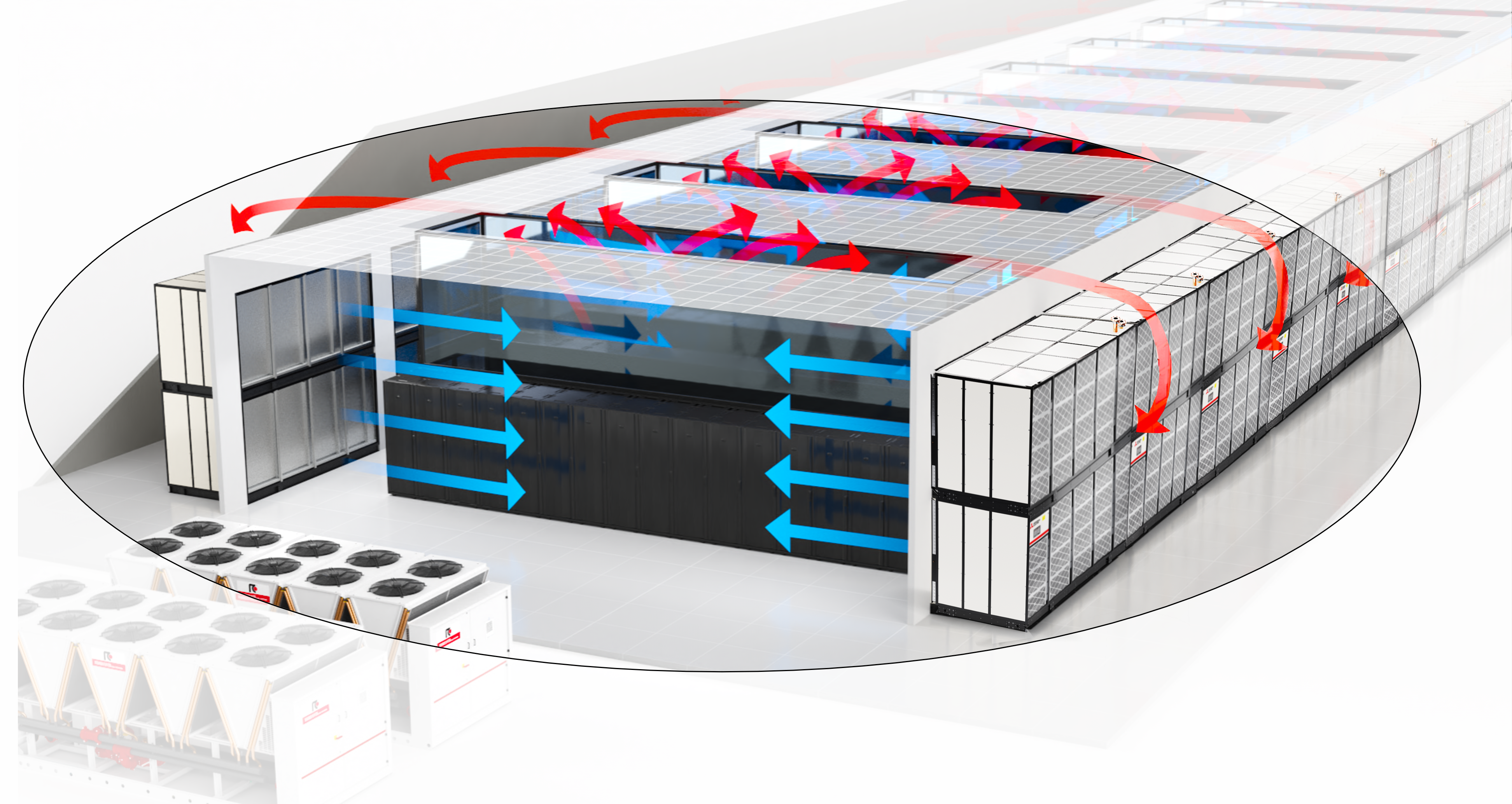 Rendering of the airflow in a data center with thermal wall units and servers.