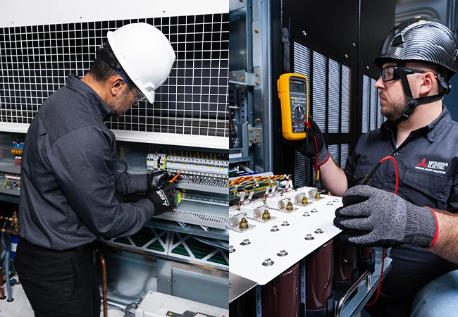 Two images of field technicians working on a DX unit and UPS.