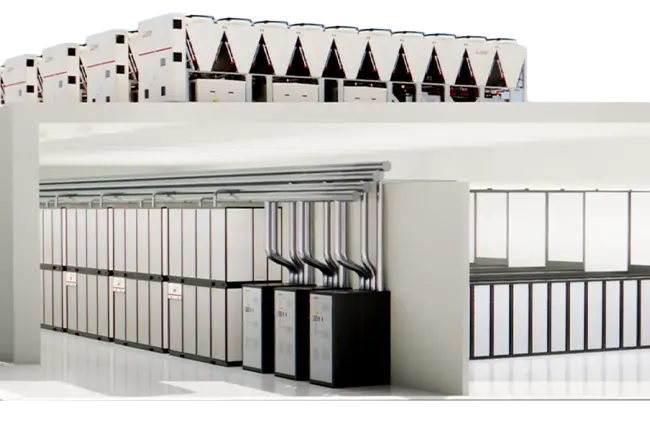Rendering of data center with Mitsubishi Electric cooling equipment.