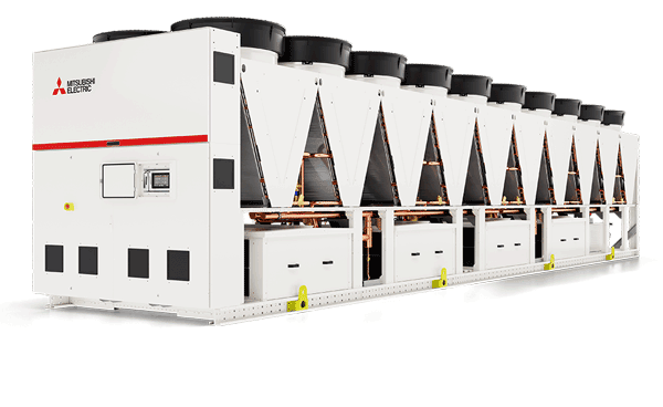 Three-quarters image of Mitsubishi Electric air-cooled chiller.