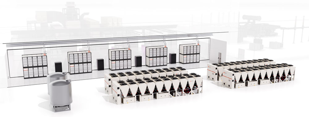 Rendering of data center highlighting chiller, MEWALL, and CDUs.