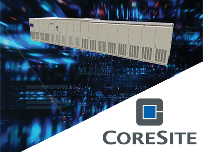 Megapod UPS systems on abstract background with CoreSite logo.