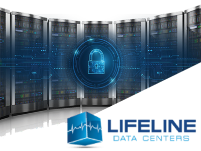 Row or servers with a lock and Lifeline Data Centers logo.