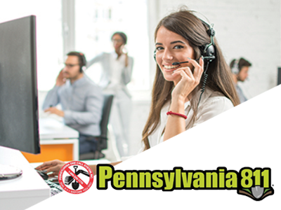 Woman on headset with Pennsylvania 811 logo.