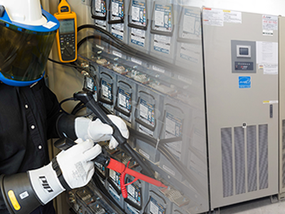 Technician testing lead acid batteries and a UPS.