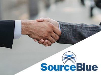Two hands shaking and the Sourceblue logo.