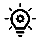 Black and white lightbulb with gear icon.